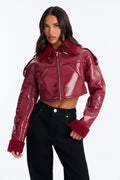 Bad Influence Faux Leather Cropped Jacket - DarkRed
