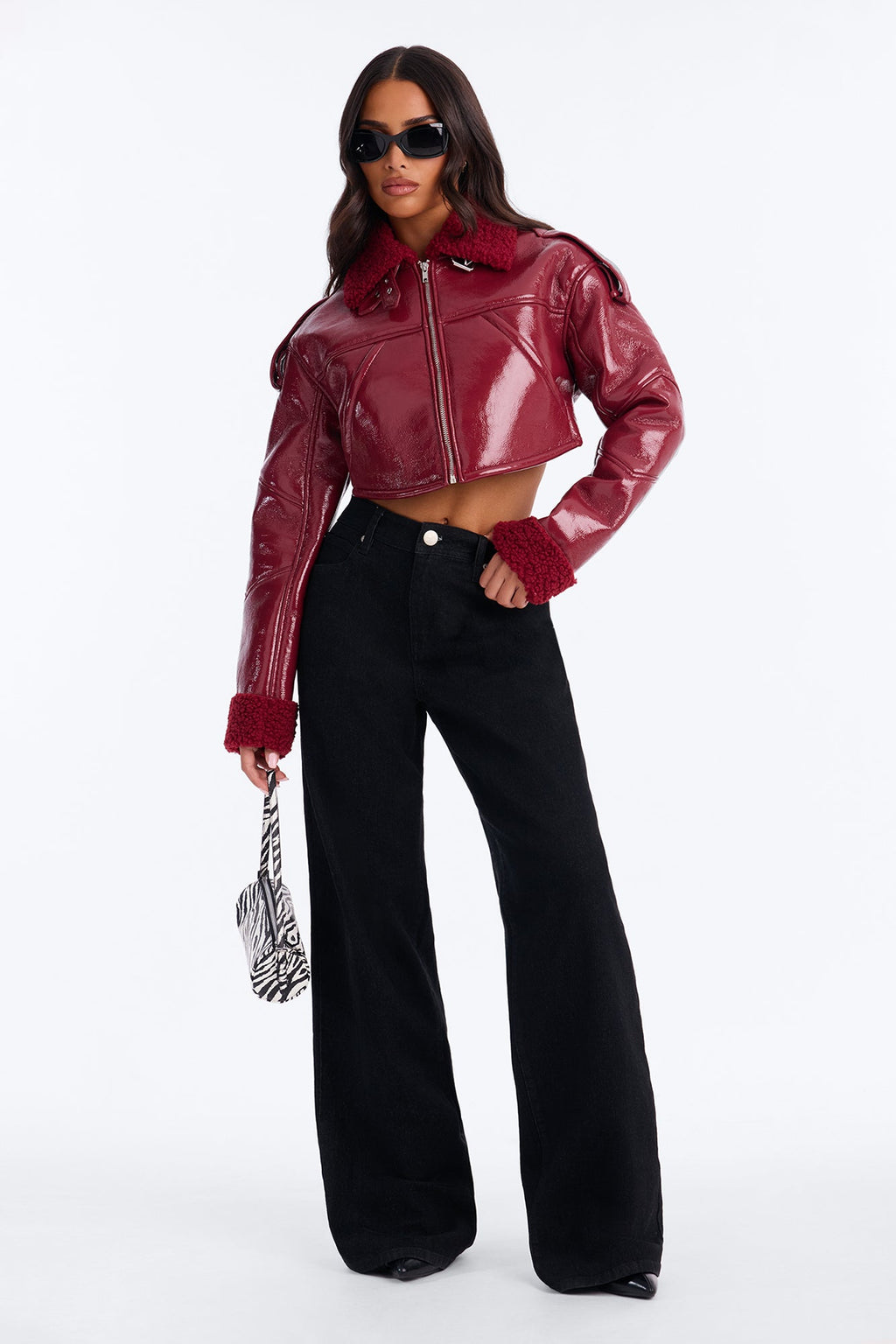 Bad Influence Faux Leather Cropped Jacket - DarkRed