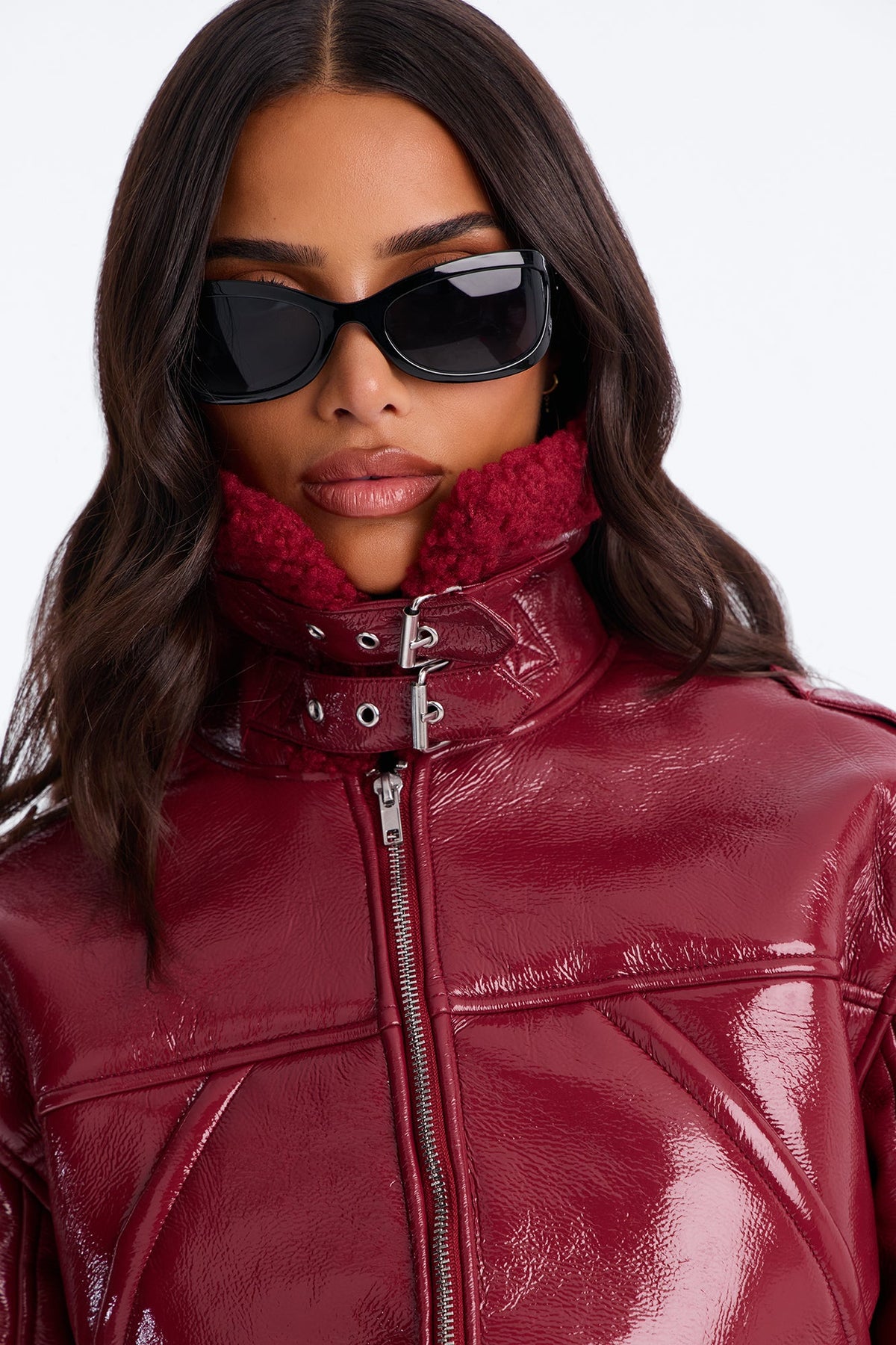 Bad Influence Faux Leather Cropped Jacket - DarkRed