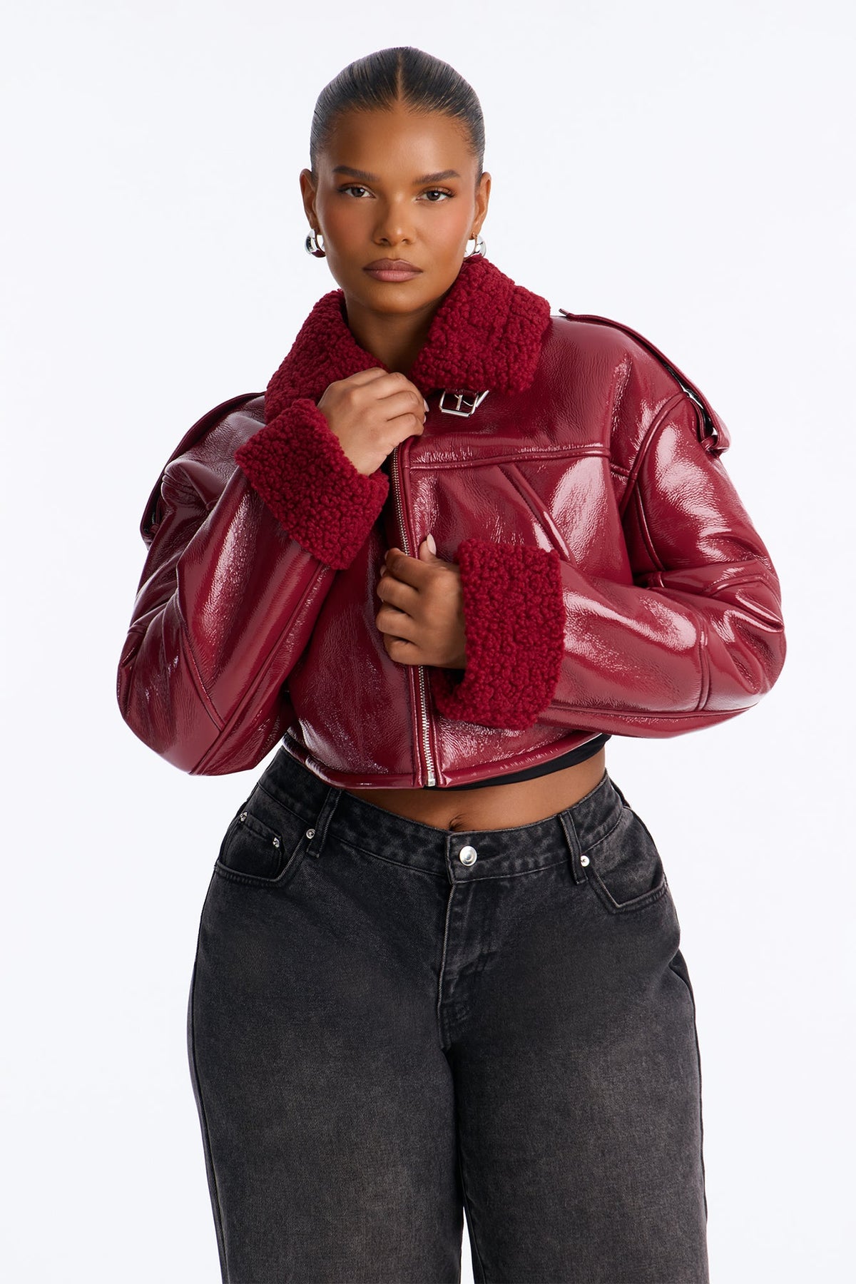 Bad Influence Faux Leather Cropped Jacket - DarkRed