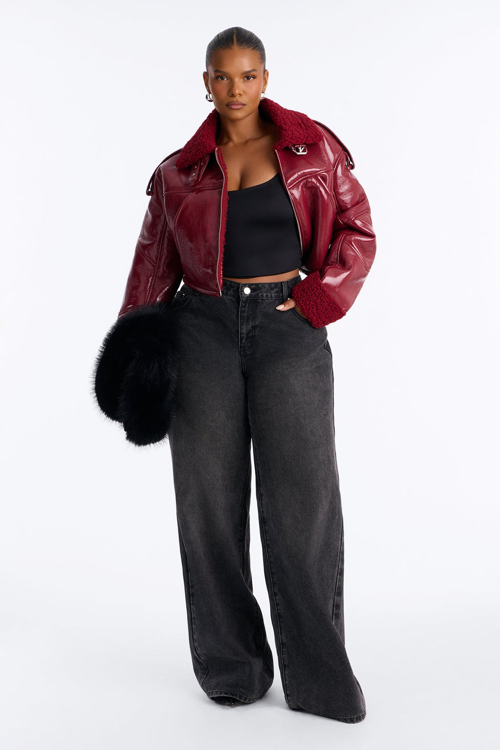 Bad Influence Faux Leather Cropped Jacket - DarkRed