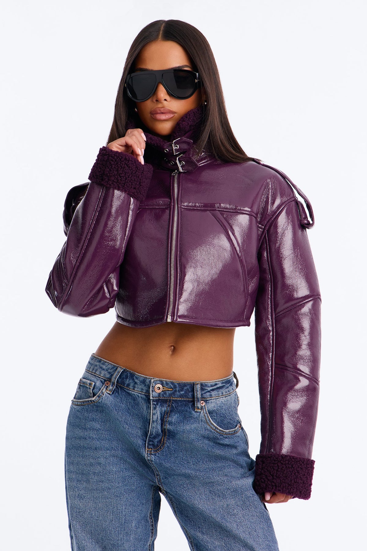 Bad Influence Faux Leather Cropped Jacket - Plum