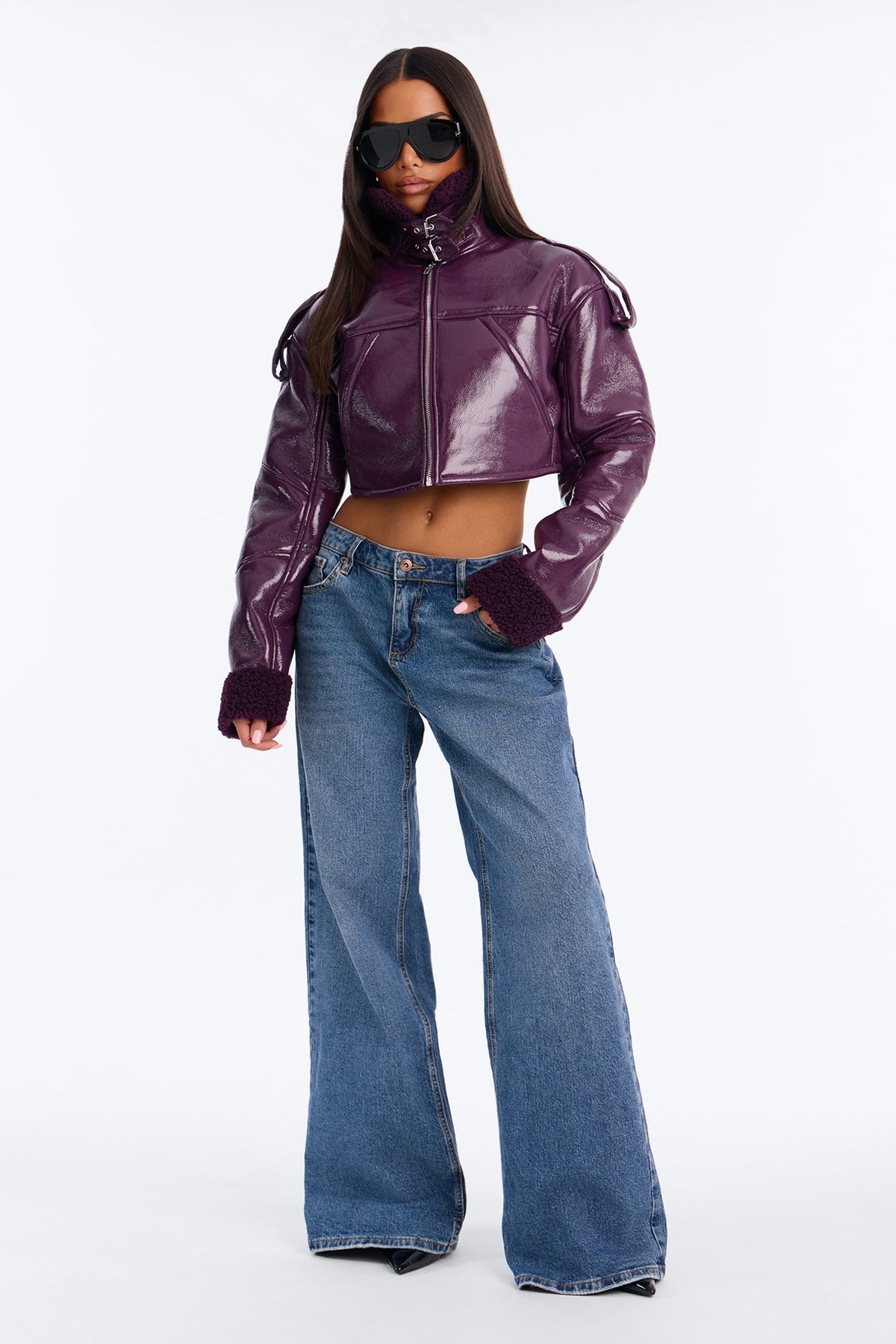 Bad Influence Faux Leather Cropped Jacket - Plum