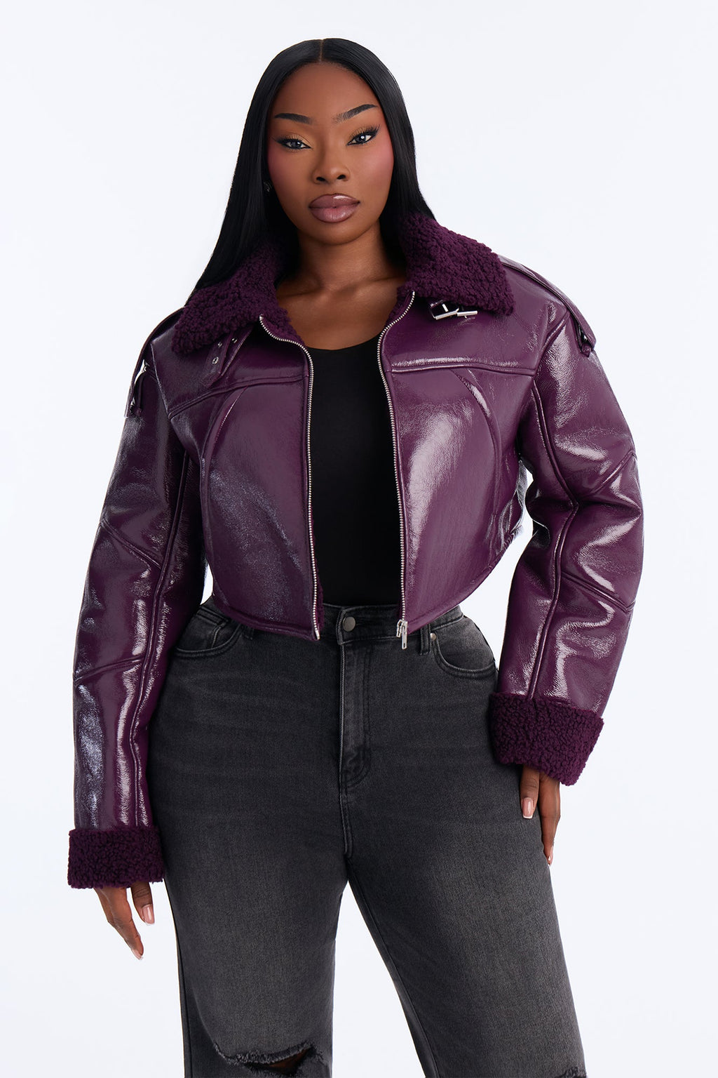 Bad Influence Faux Leather Cropped Jacket - Plum