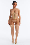 Lucia Mesh Embroidered 3 Piece Corset And Thigh High Set - Gold