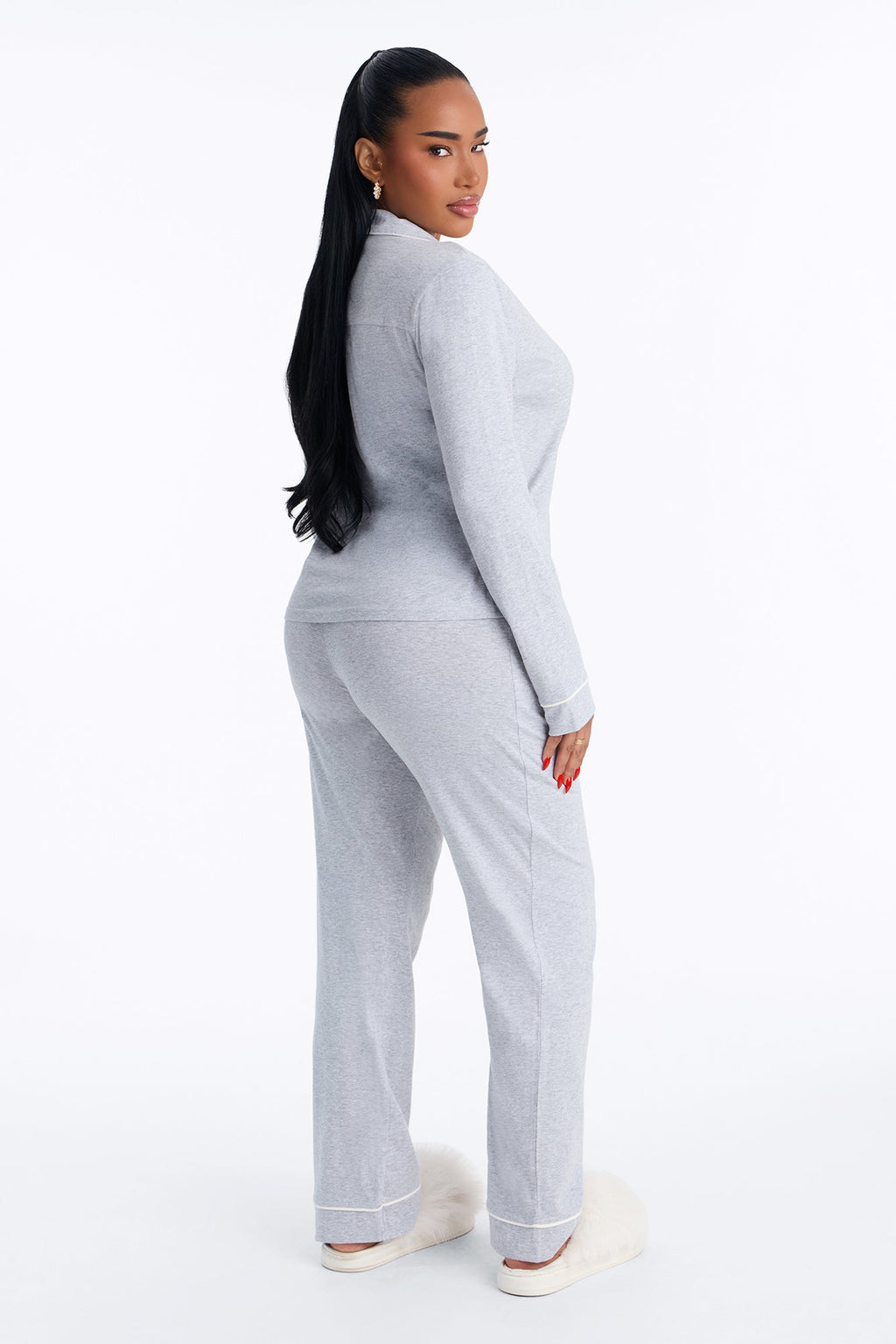 Nova Cotton Long Sleeve Button Down PJ Pant Set - Heather Grey