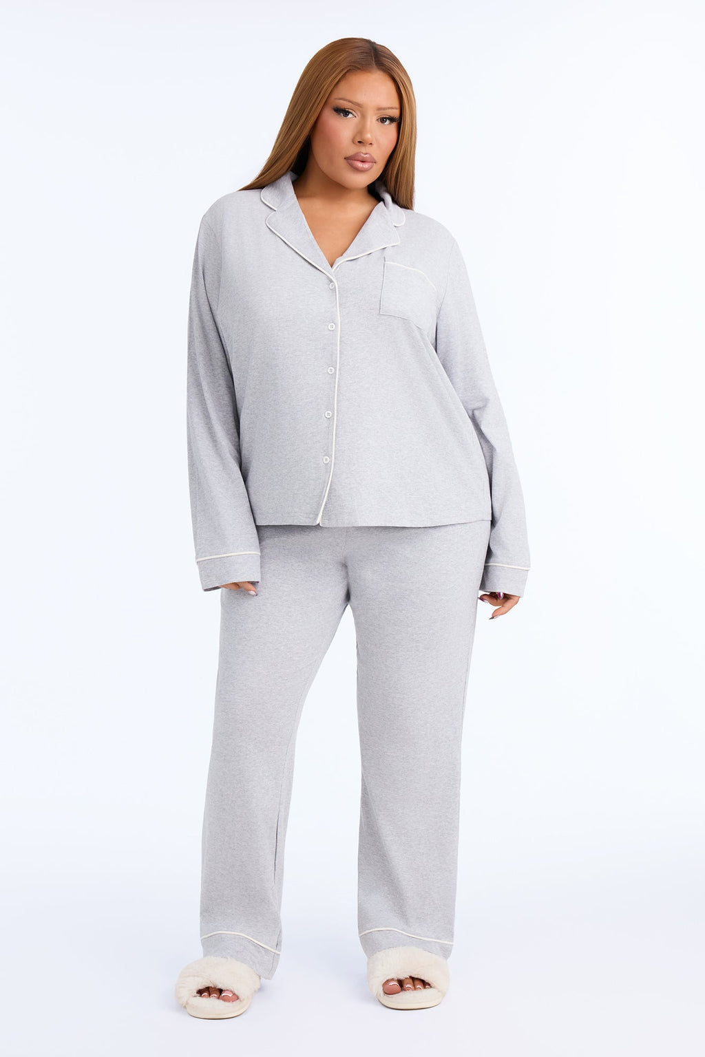 Nova Cotton Long Sleeve Button Down PJ Pant Set - Heather Grey