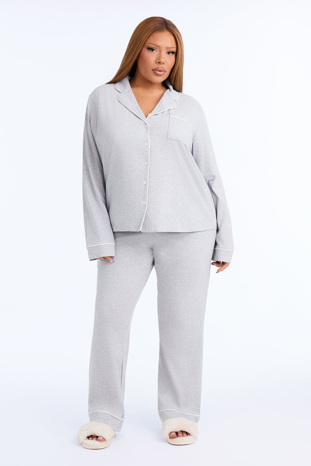 Nova Cotton Long Sleeve Button Down PJ Pant Set - Heather Grey