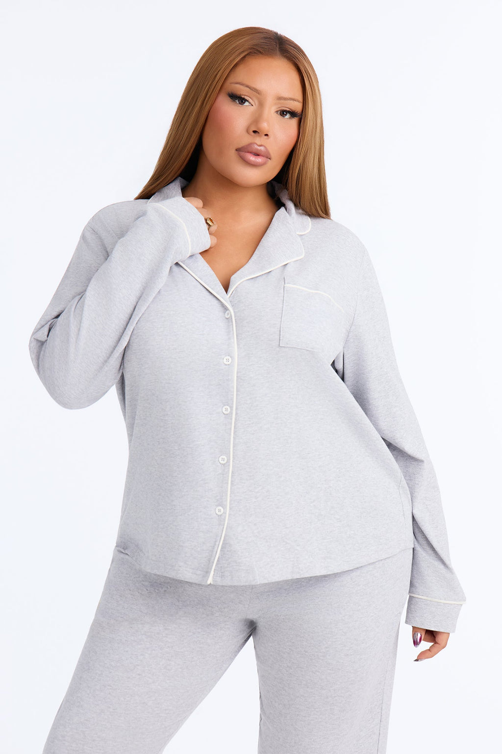 Nova Cotton Long Sleeve Button Down PJ Pant Set - Heather Grey