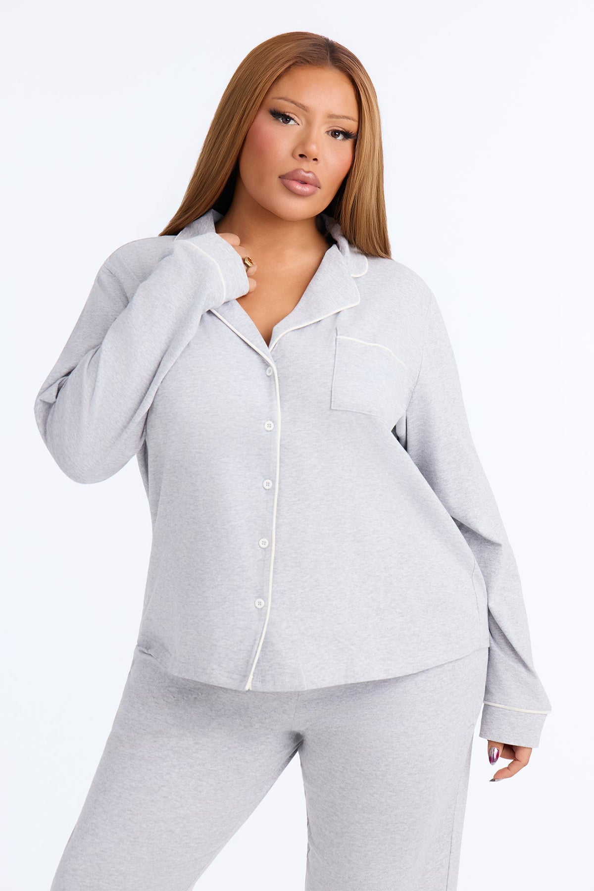 Nova Cotton Long Sleeve Button Down PJ Pant Set - Heather Grey