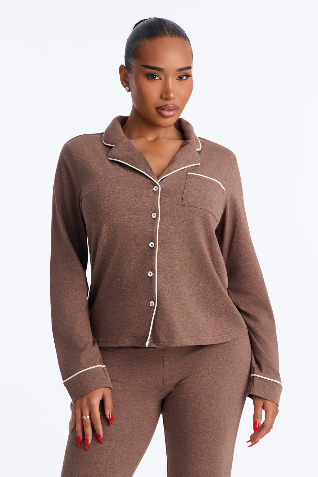 Nova Cotton Long Sleeve Button Down PJ Pant Set - Heather/Brown