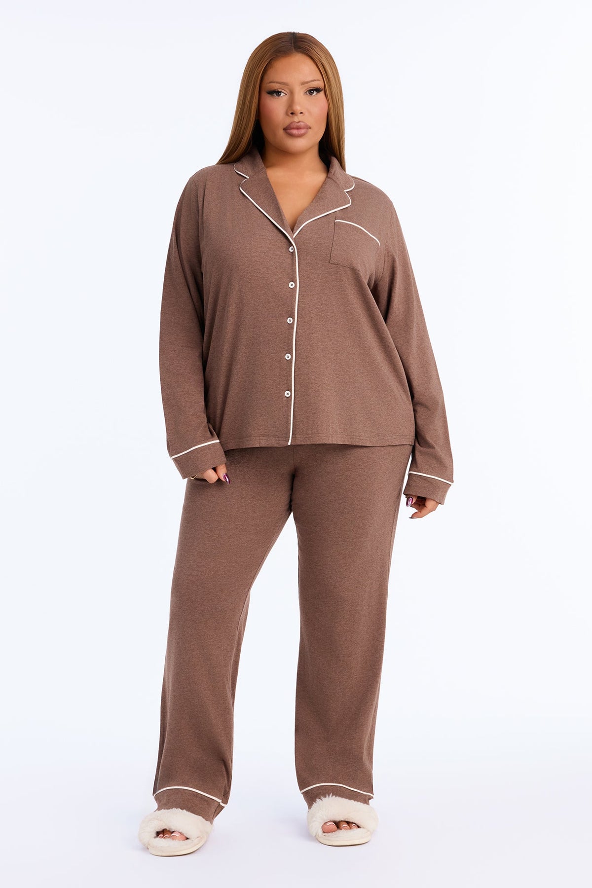 Nova Cotton Long Sleeve Button Down PJ Pant Set - Heather/Brown