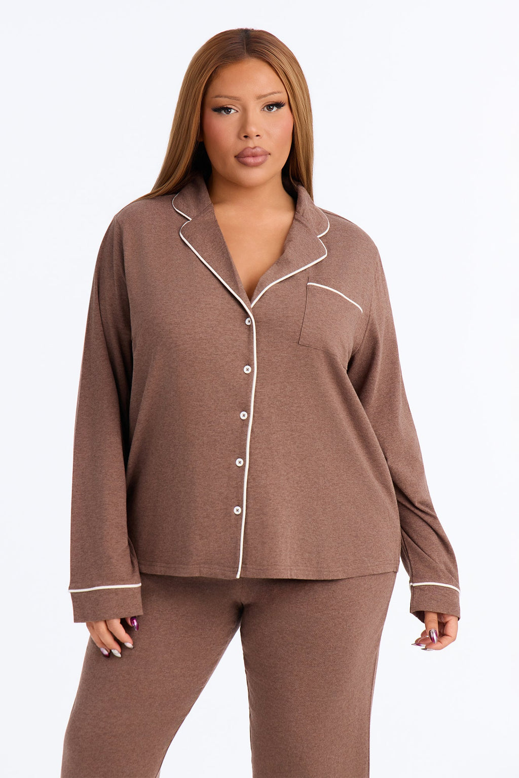 Nova Cotton Long Sleeve Button Down PJ Pant Set - Heather/Brown