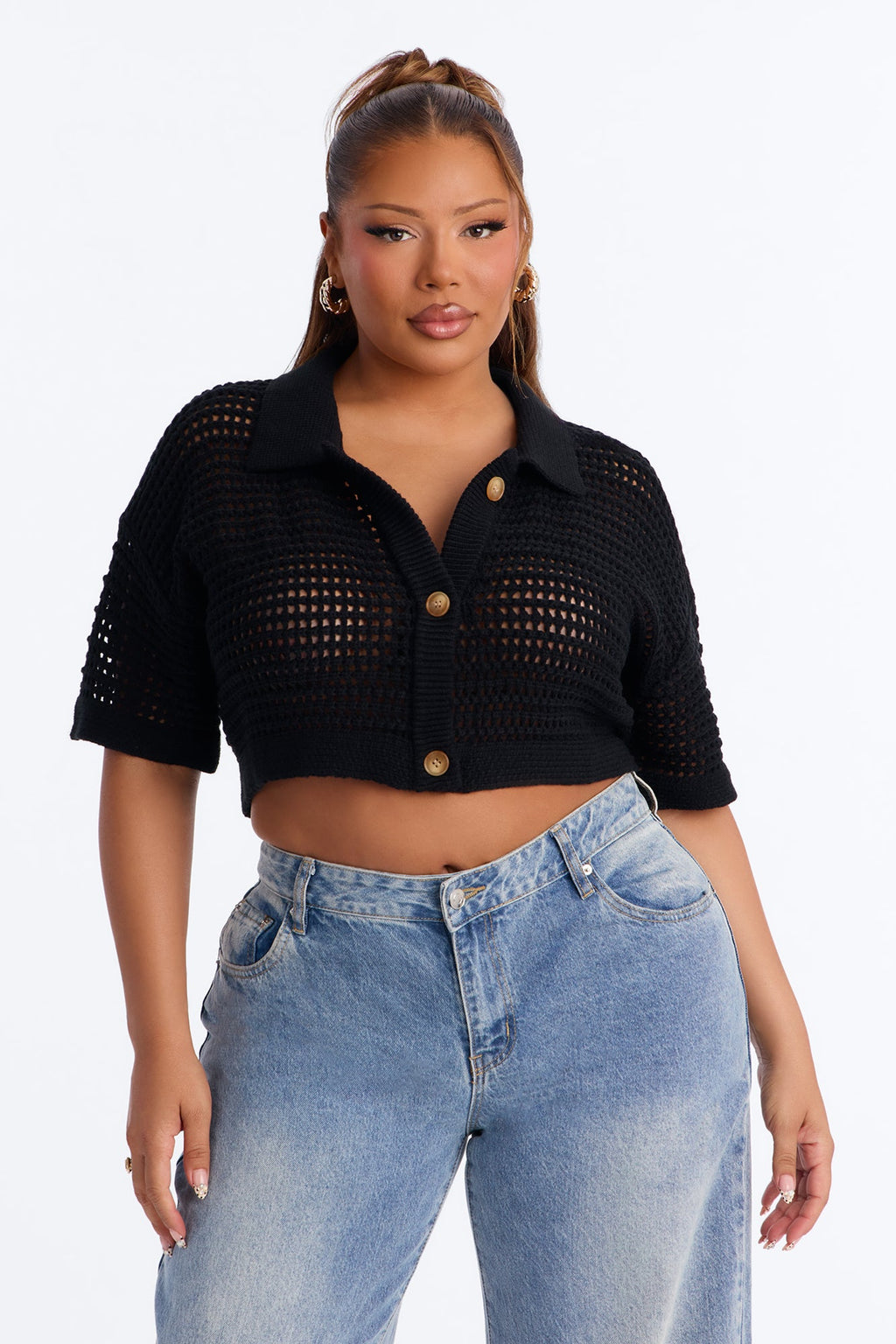Beach Vibe Crochet Sweater Top - Black