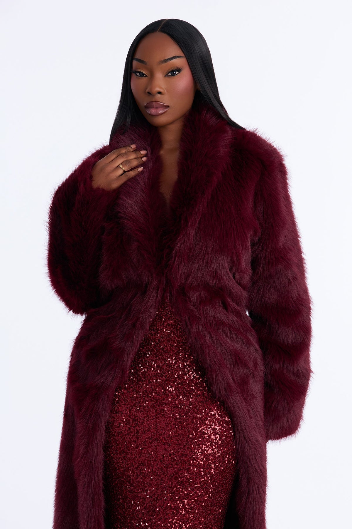 Jobelle Faux Fur Coat - Burgundy
