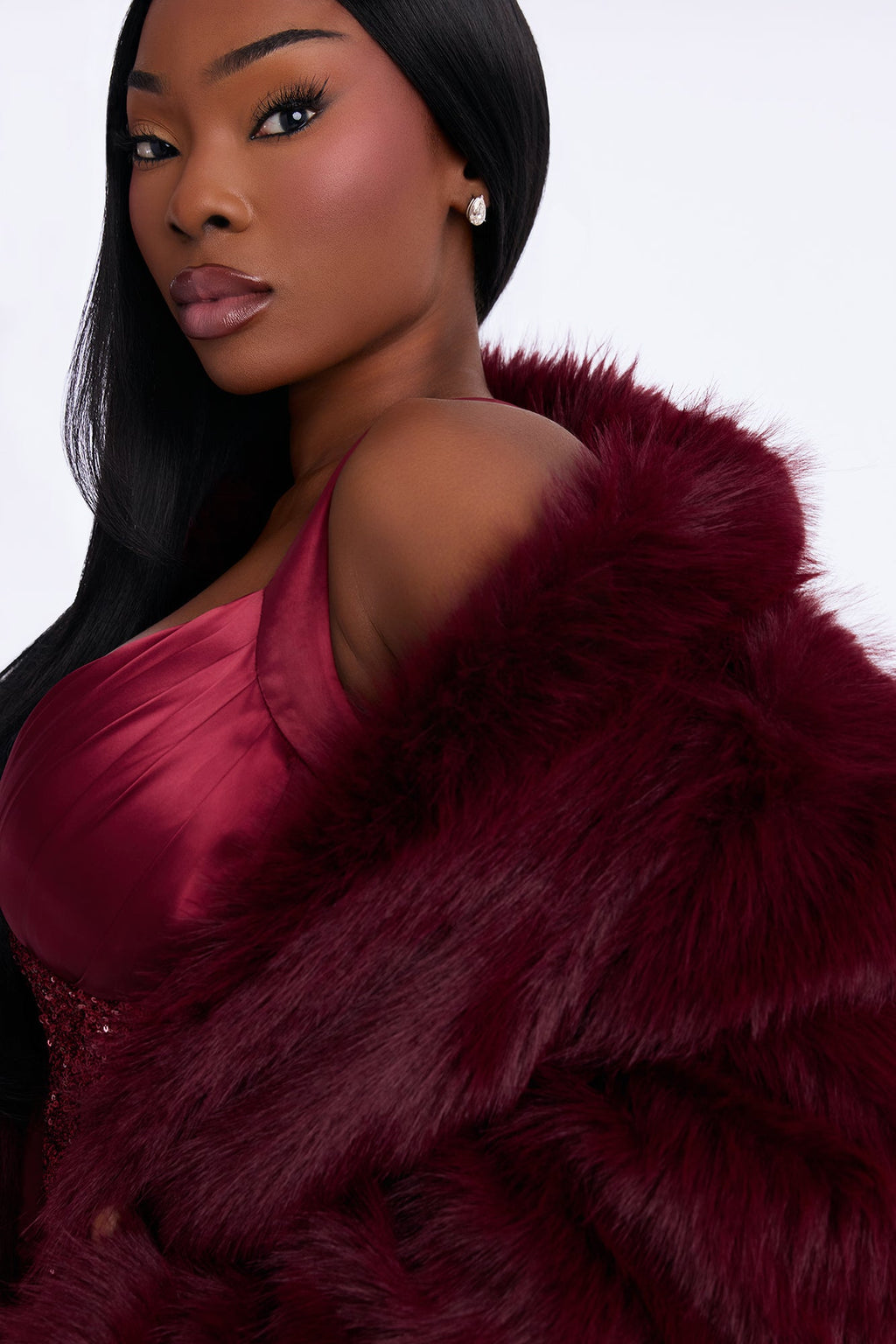 Jobelle Faux Fur Coat - Burgundy