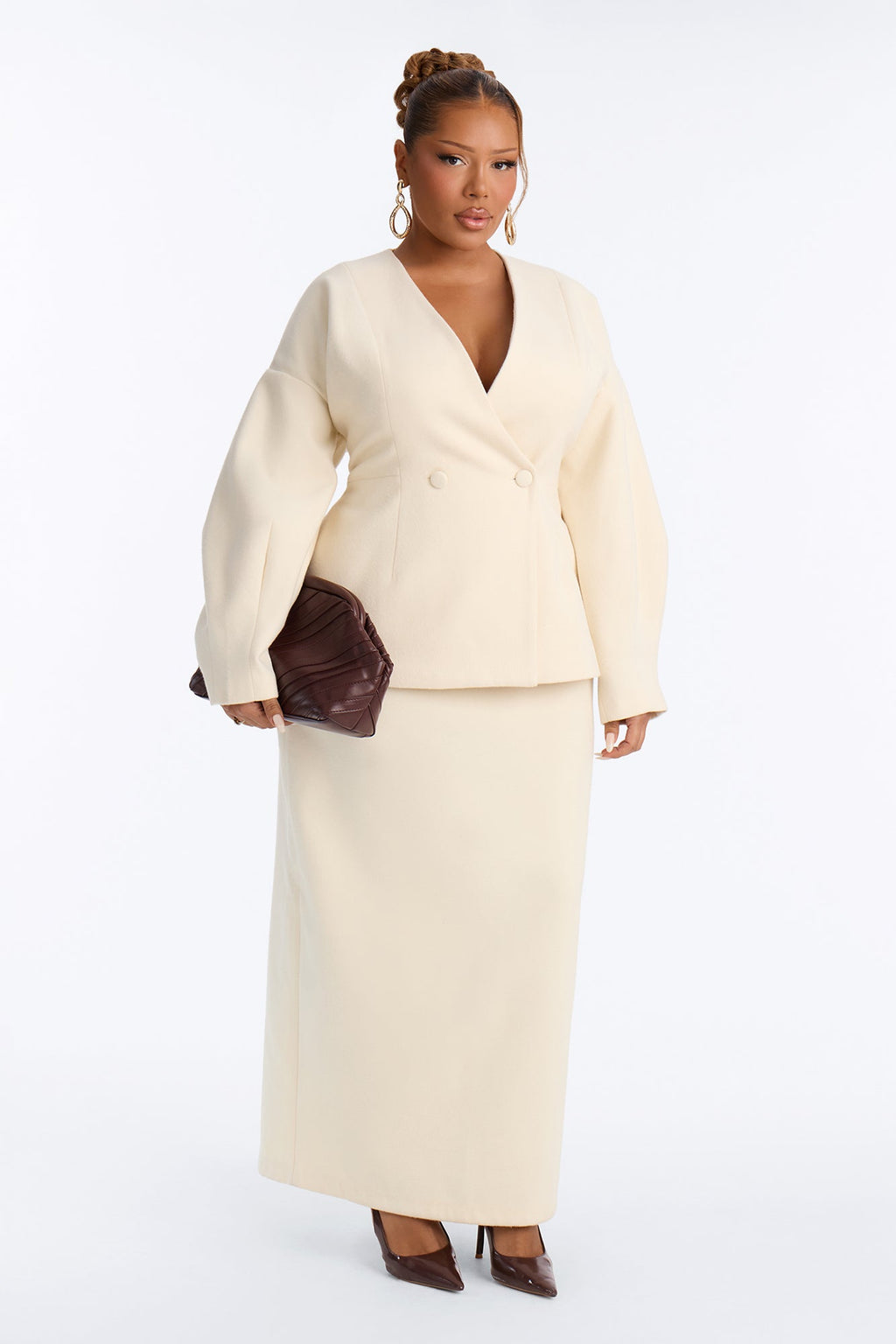 Adele Wool Blazer Maxi Skirt Set - Cream
