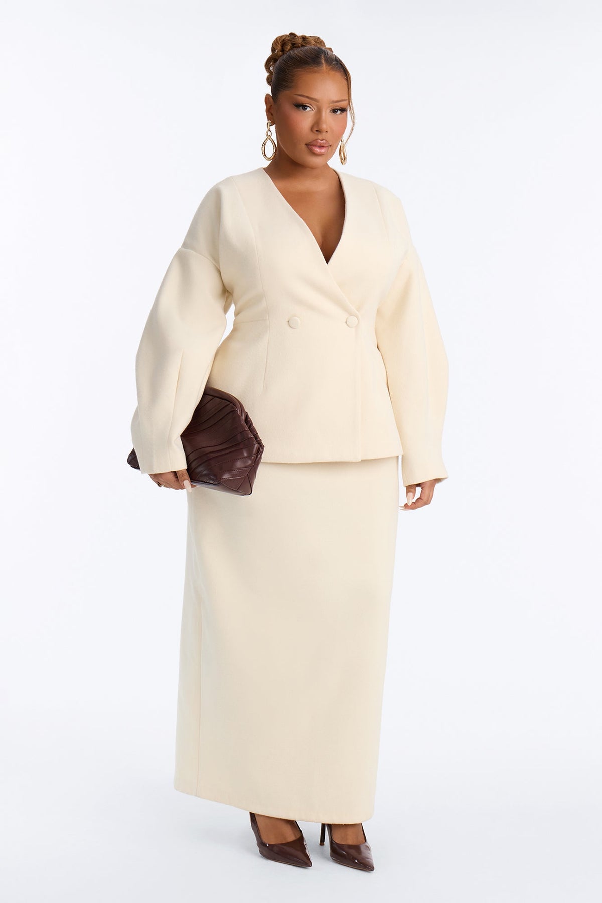 Adele Wool Blazer Maxi Skirt Set - Cream