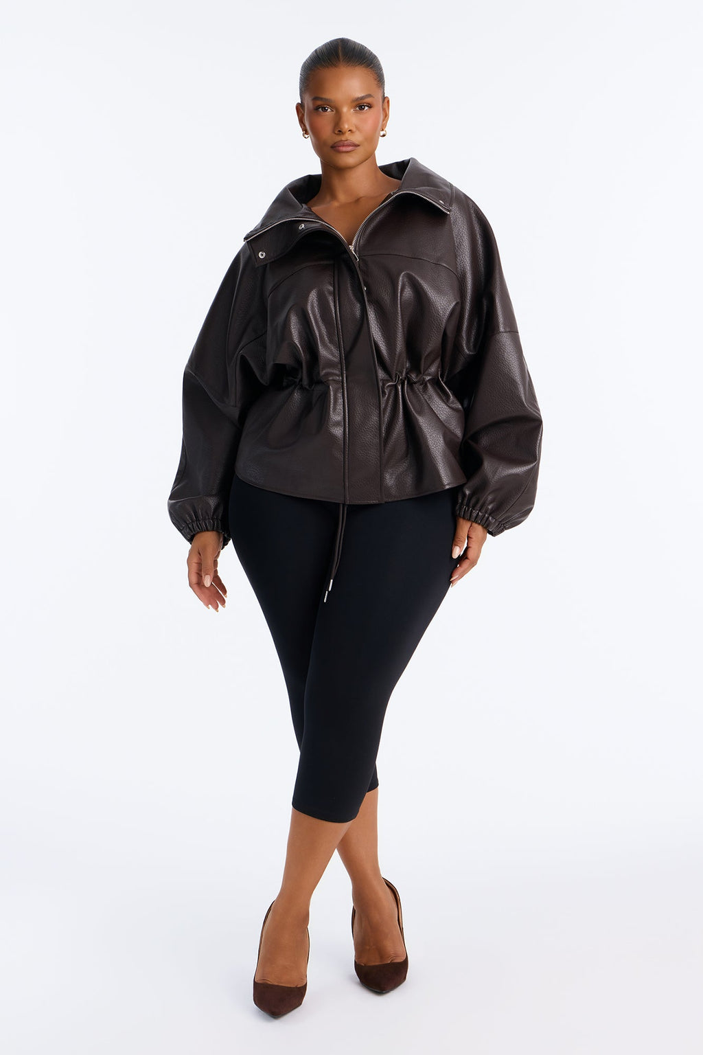 Effortless Funnel Neck Faux Leather Anorak - Chocolate