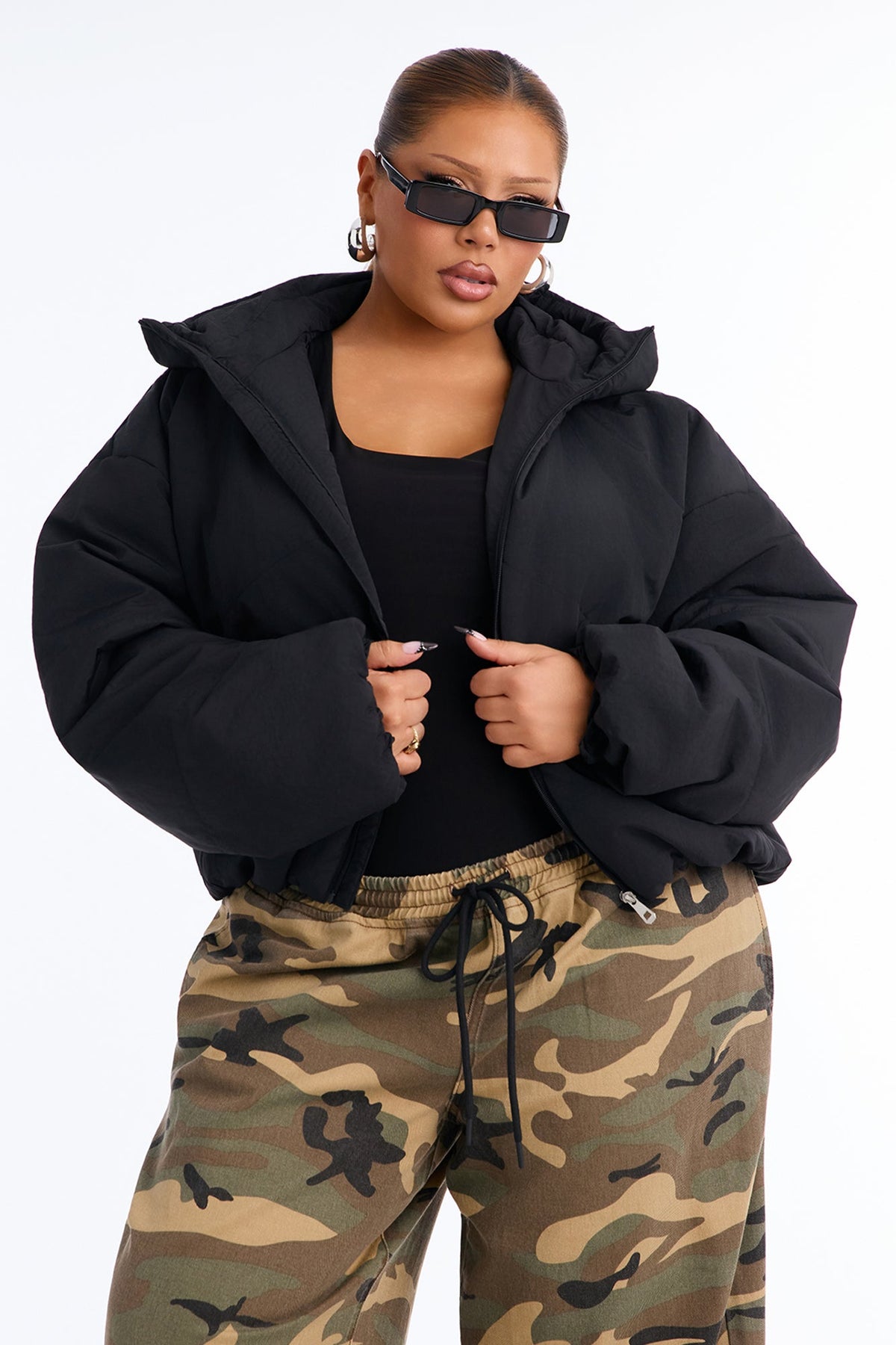 On The Go Funnel Neck Hooded Puffer - Black