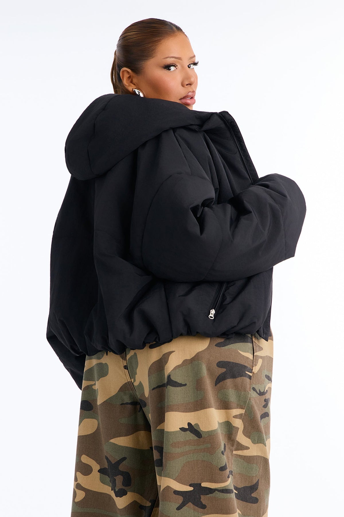 On The Go Funnel Neck Hooded Puffer - Black