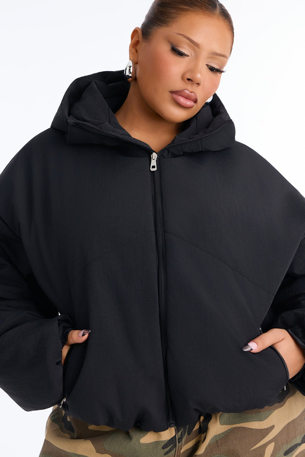 On The Go Funnel Neck Hooded Puffer - Black
