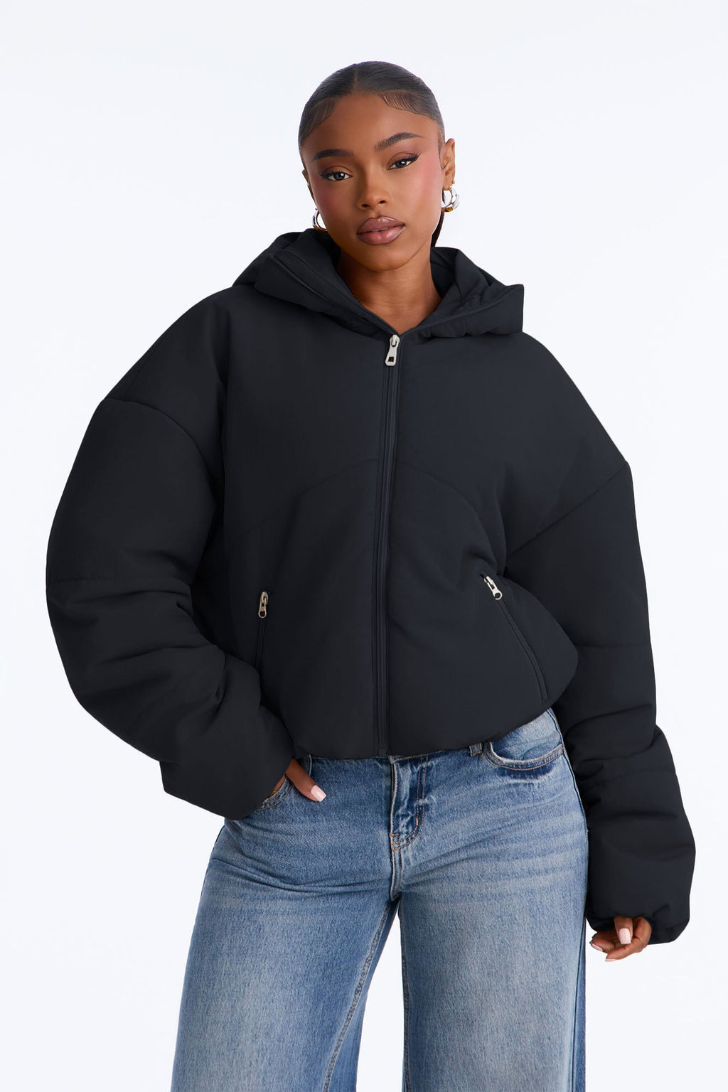 On The Go Funnel Neck Hooded Puffer - Black