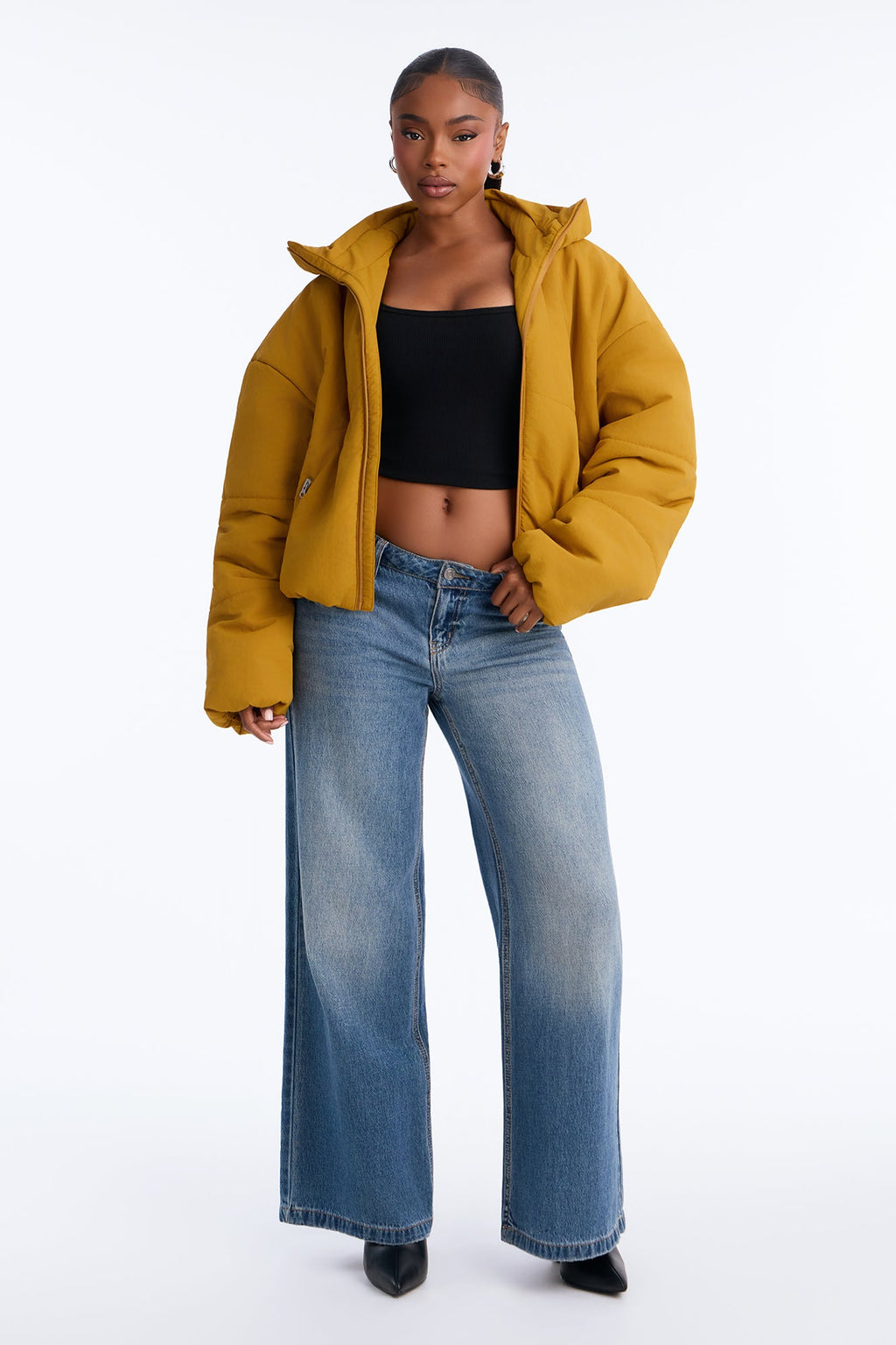 On The Go Funnel Neck Hooded Puffer - Mustard