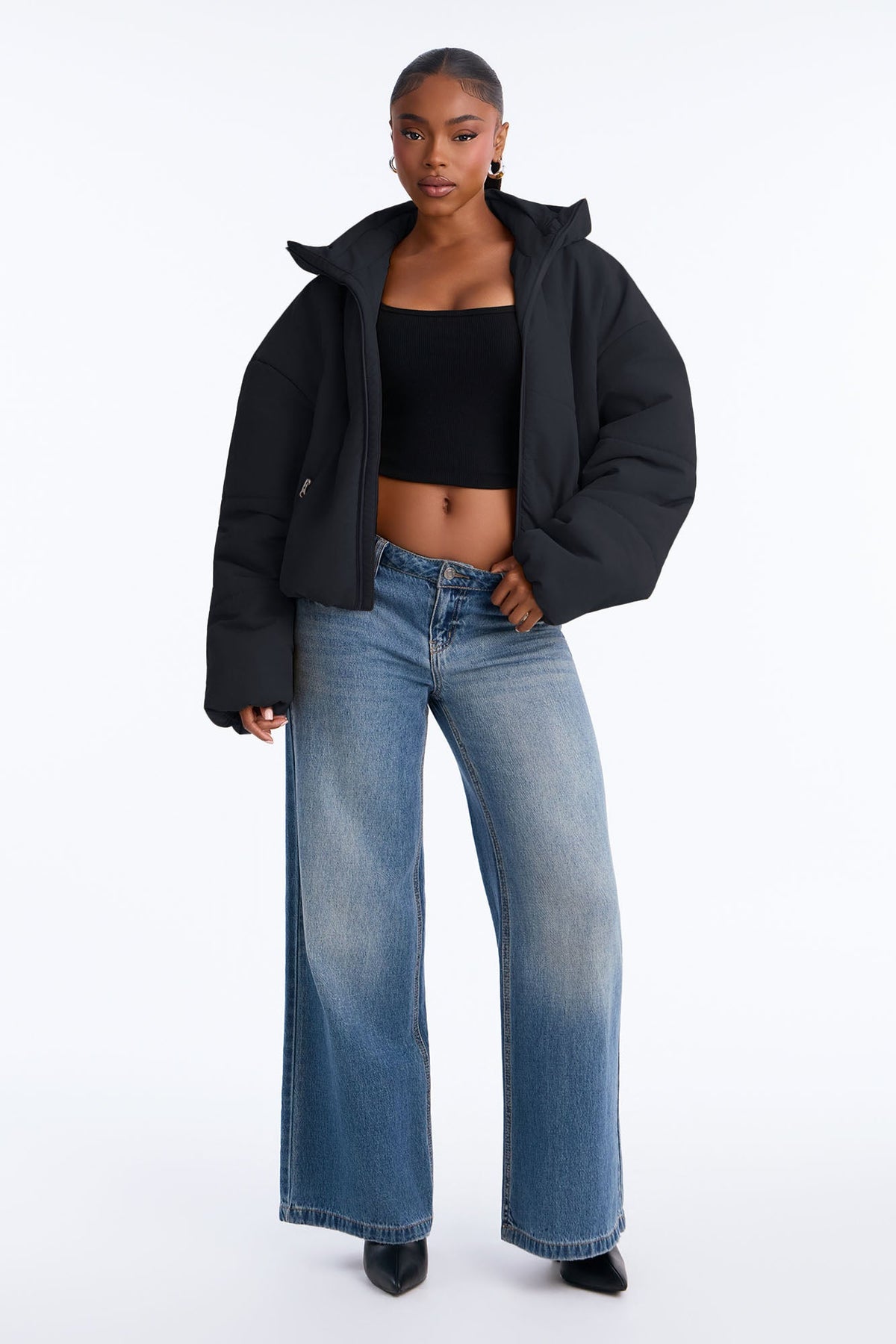 On The Go Funnel Neck Hooded Puffer - Black