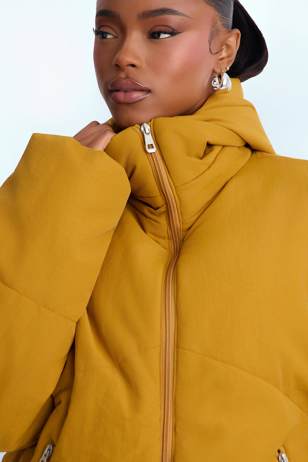 On The Go Funnel Neck Hooded Puffer - Mustard