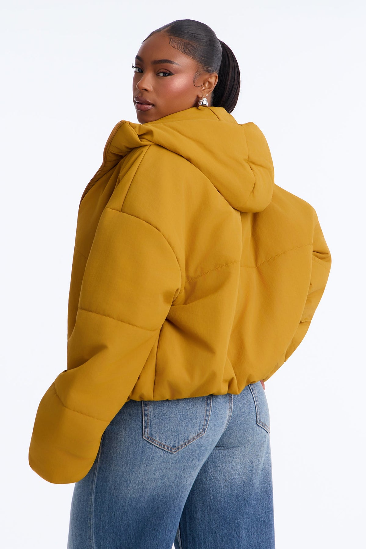 On The Go Funnel Neck Hooded Puffer - Mustard