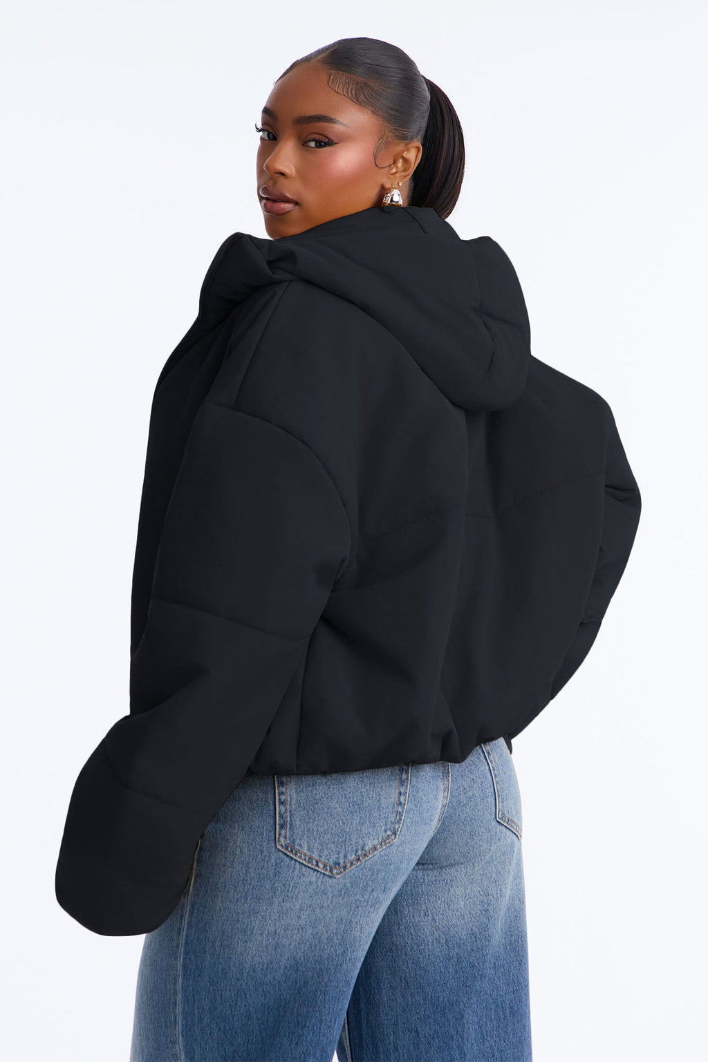On The Go Funnel Neck Hooded Puffer - Black