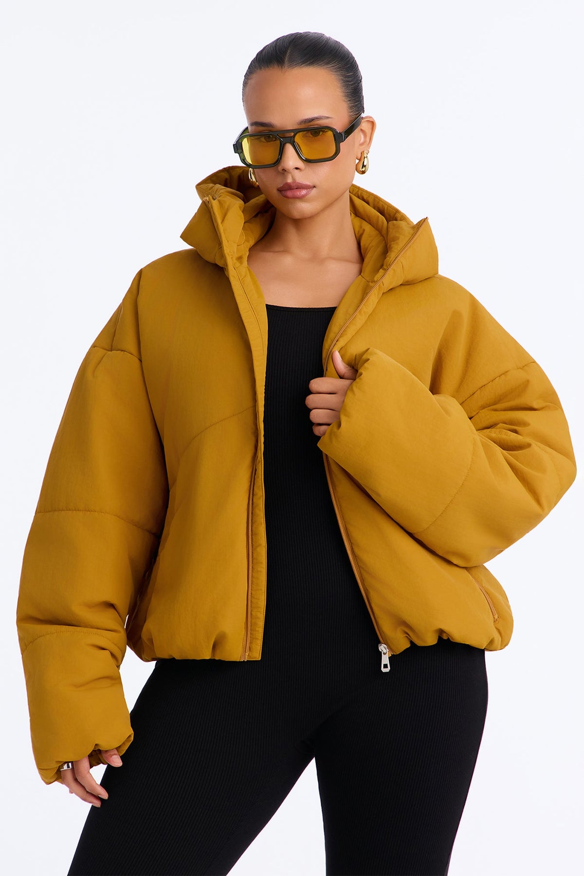 On The Go Funnel Neck Hooded Puffer - Mustard