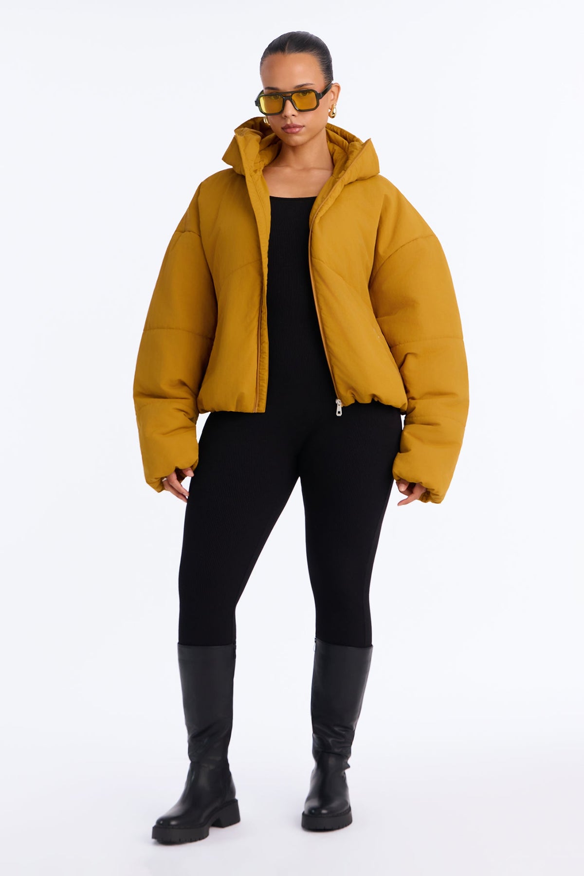 On The Go Funnel Neck Hooded Puffer - Mustard