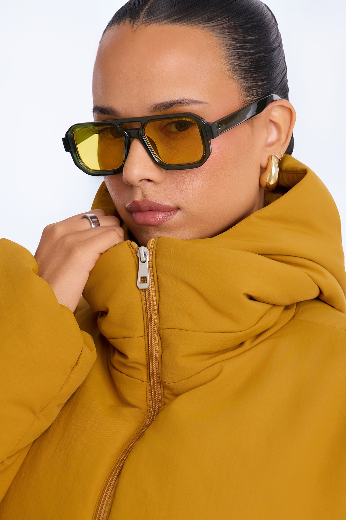 On The Go Funnel Neck Hooded Puffer - Mustard