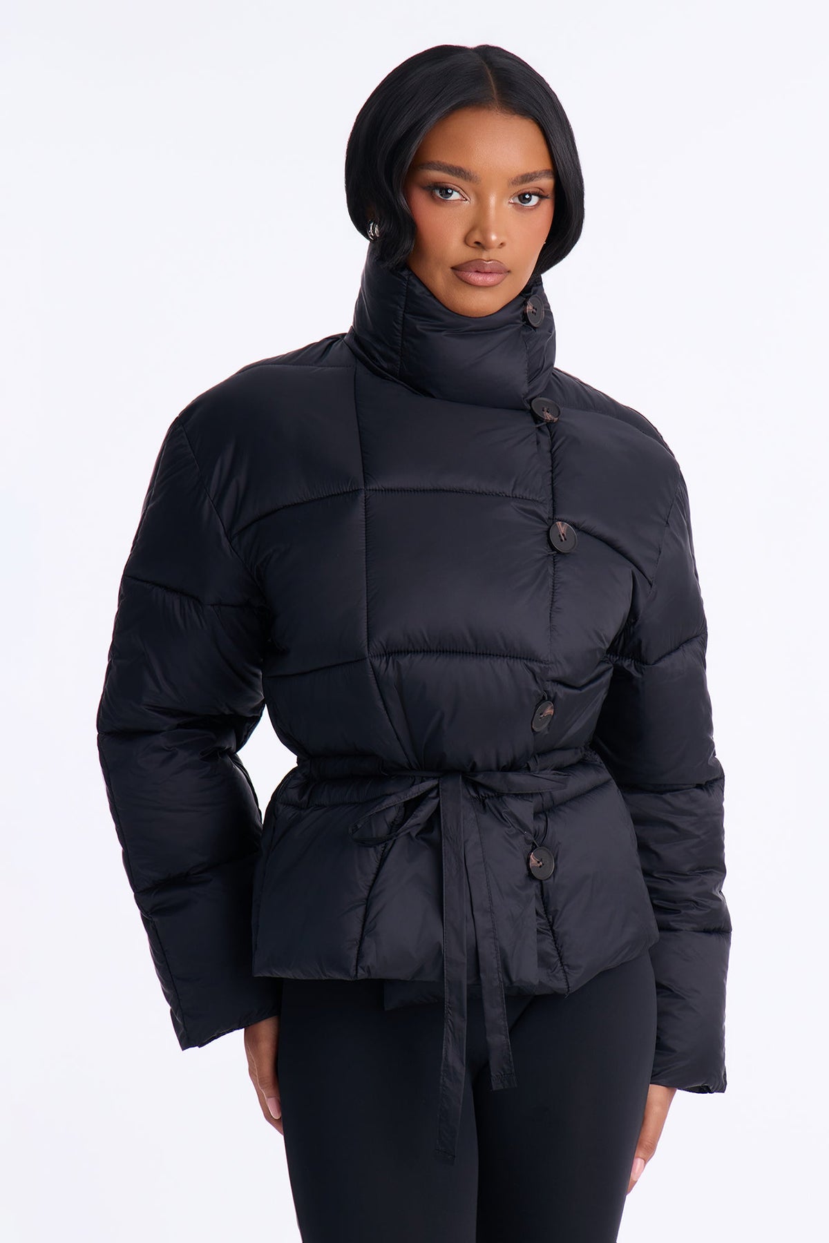 Sariah Funnel Neck Tie Waist Puffer Jacket - Black