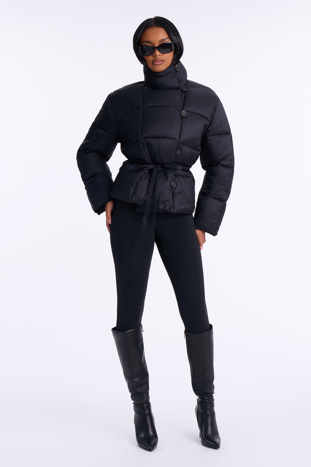 Sariah Funnel Neck Tie Waist Puffer Jacket - Black