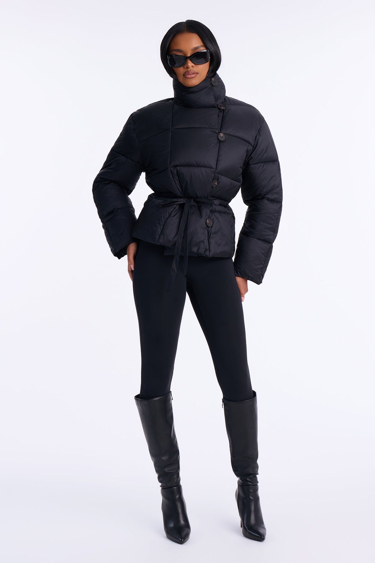 Sariah Funnel Neck Tie Waist Puffer Jacket - Black