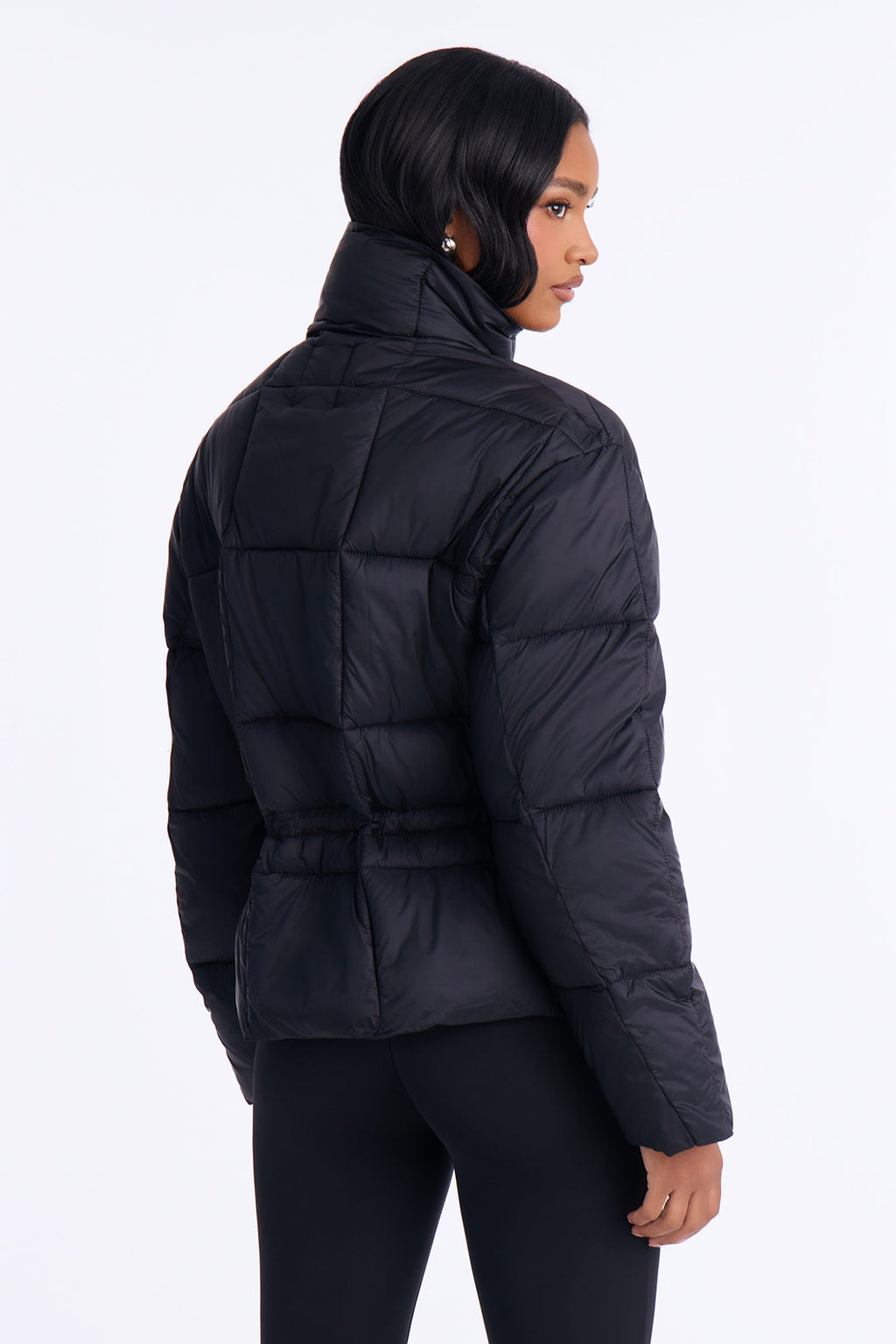 Sariah Funnel Neck Tie Waist Puffer Jacket - Black