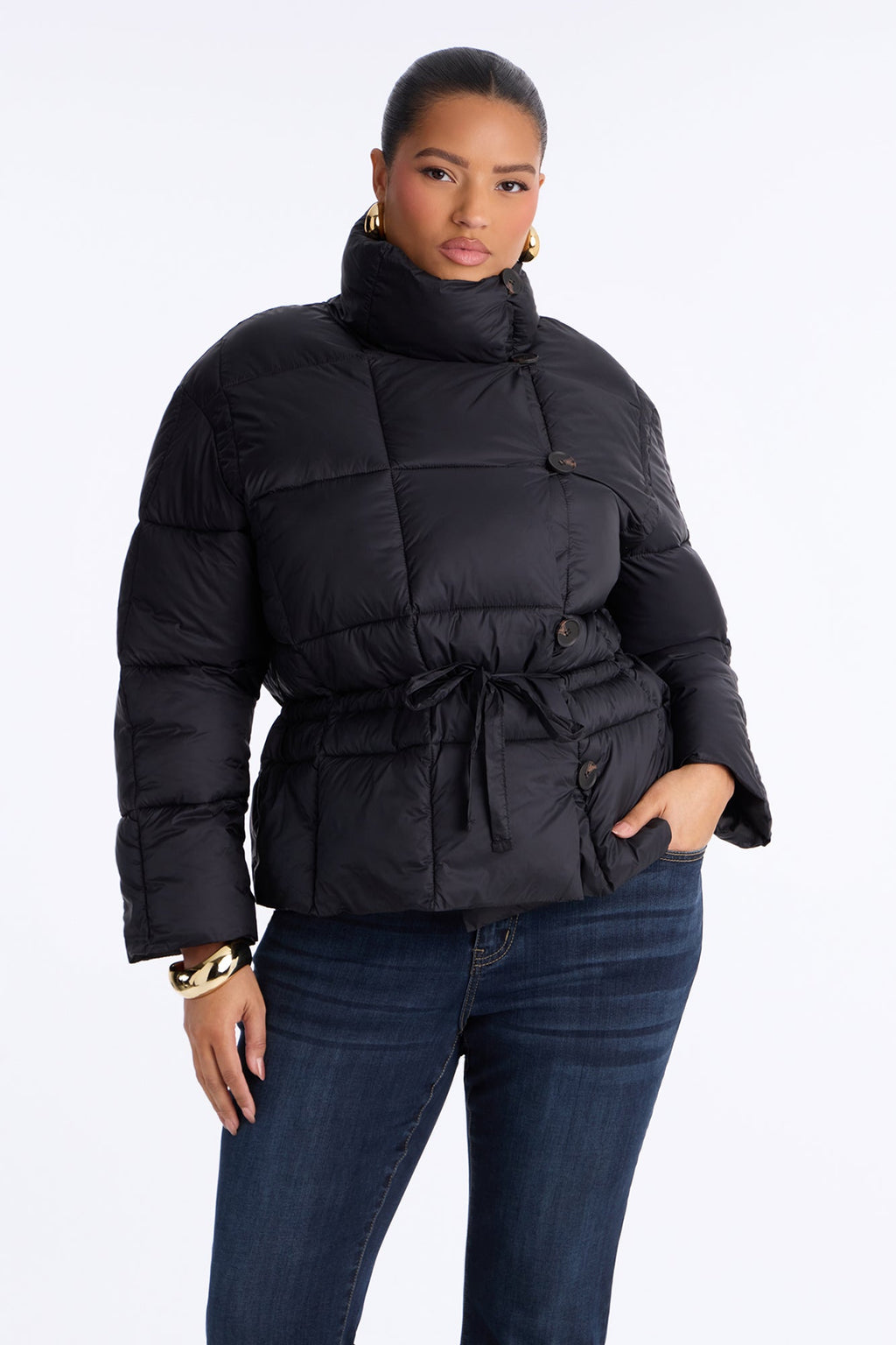 Sariah Funnel Neck Tie Waist Puffer Jacket - Black