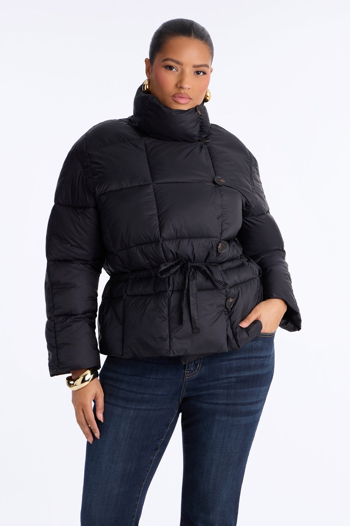 Sariah Funnel Neck Tie Waist Puffer Jacket - Black