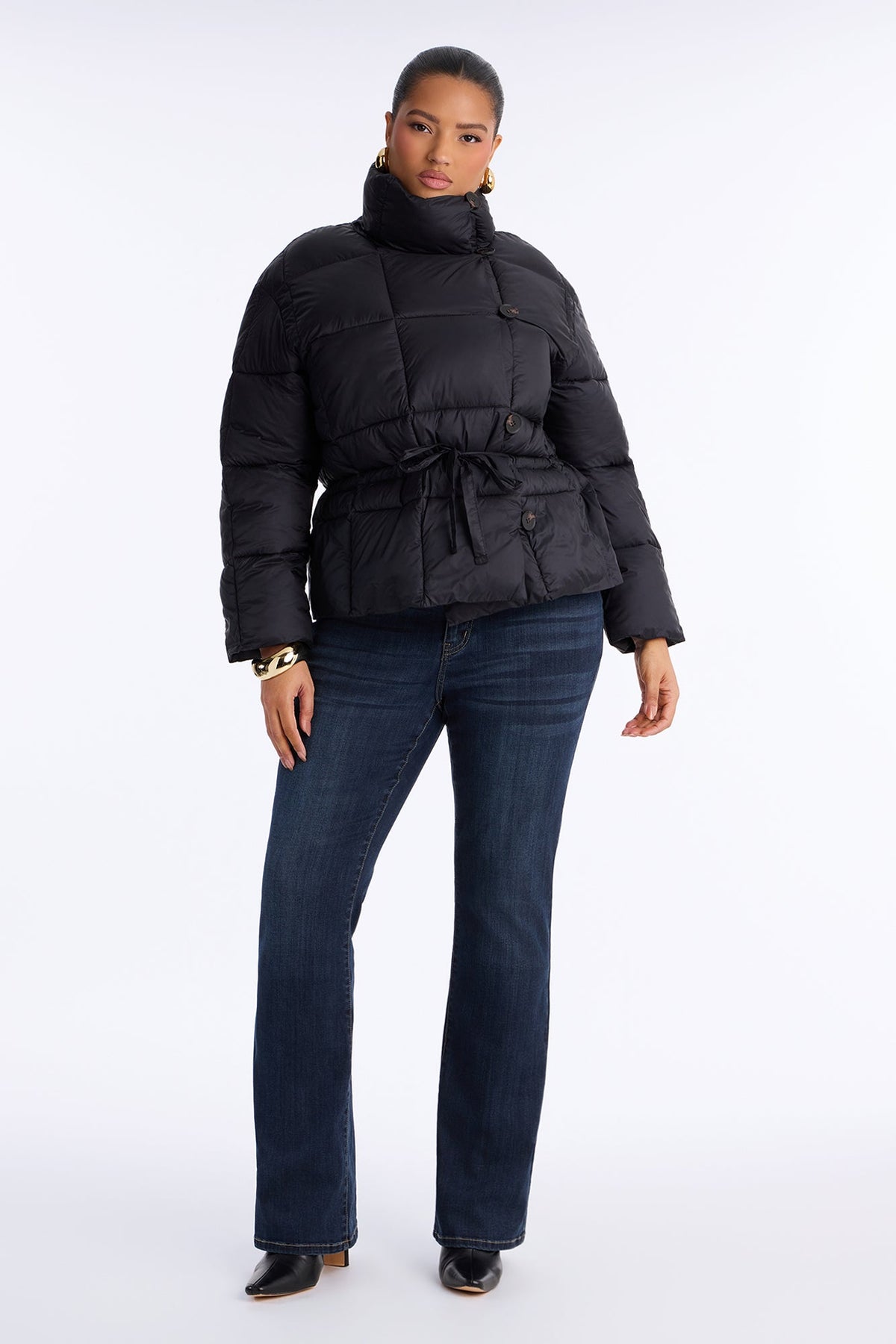 Sariah Funnel Neck Tie Waist Puffer Jacket - Black