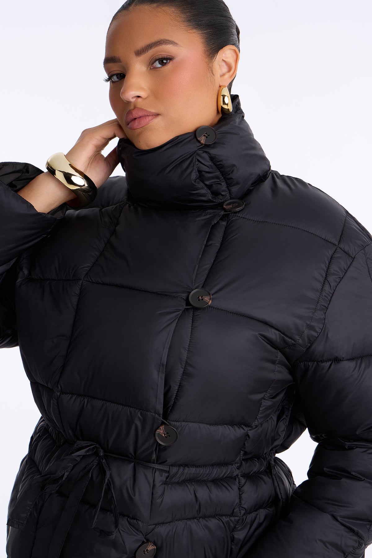 Sariah Funnel Neck Tie Waist Puffer Jacket - Black