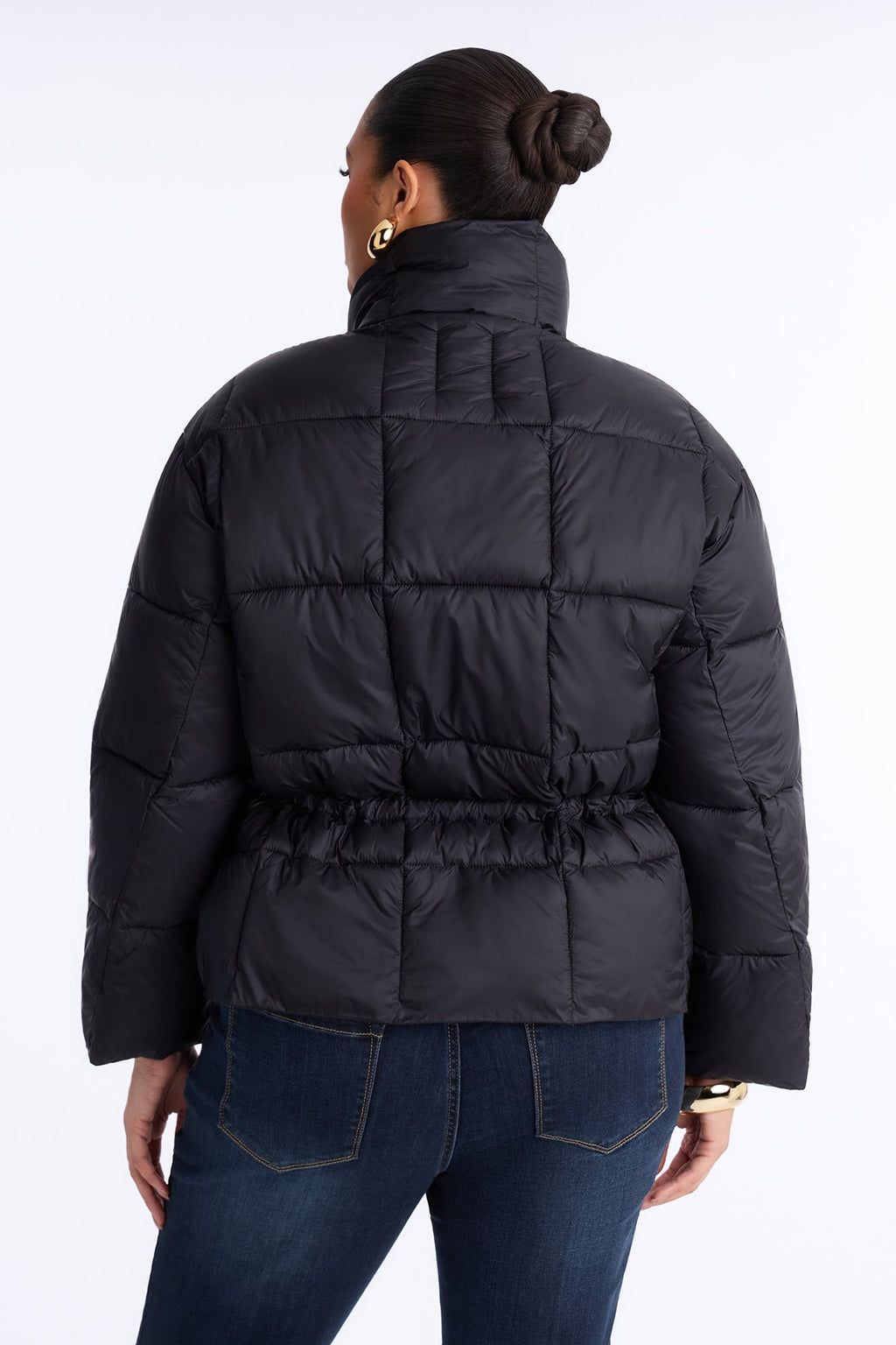 Sariah Funnel Neck Tie Waist Puffer Jacket - Black