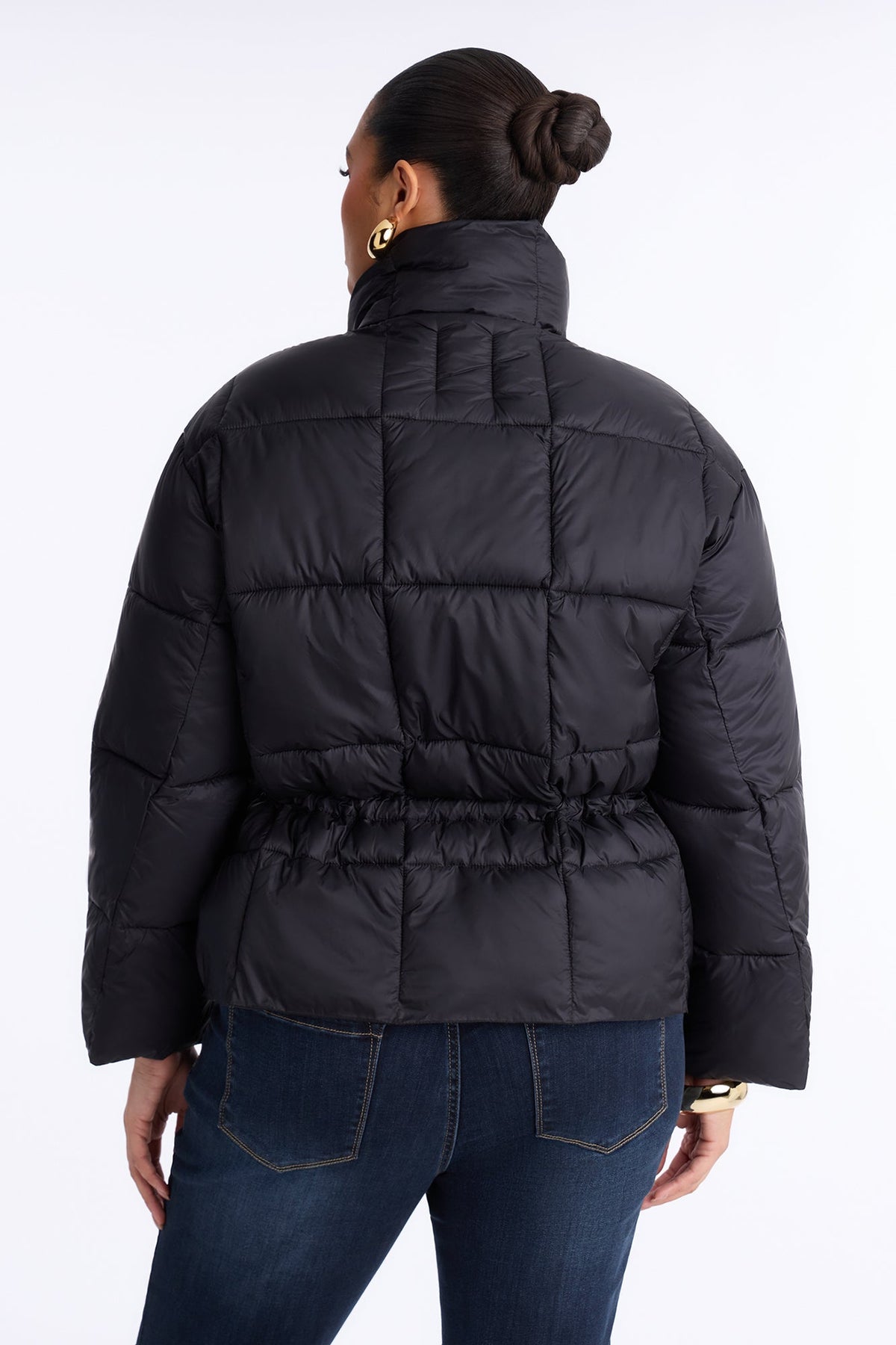 Sariah Funnel Neck Tie Waist Puffer Jacket - Black
