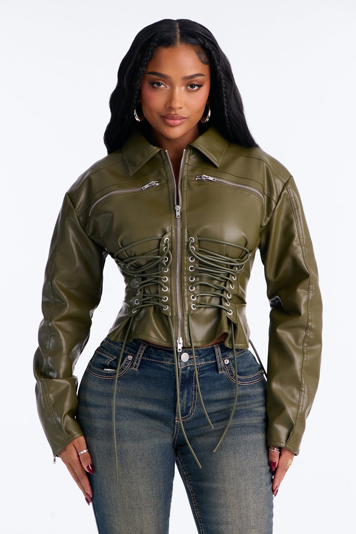 She's The Moment Corset Faux Leather Moto Jacket - Olive