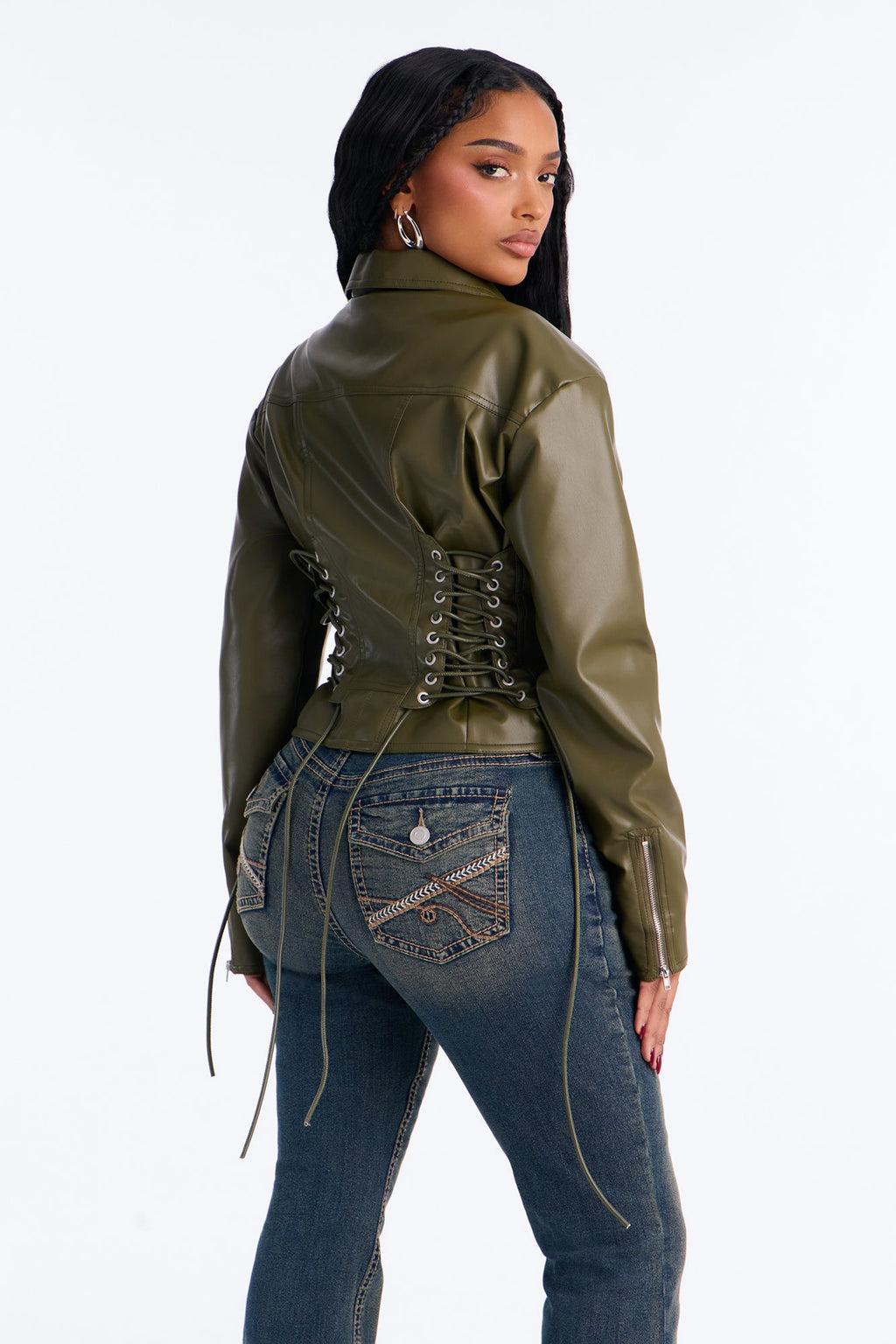 She's The Moment Corset Faux Leather Moto Jacket - Olive