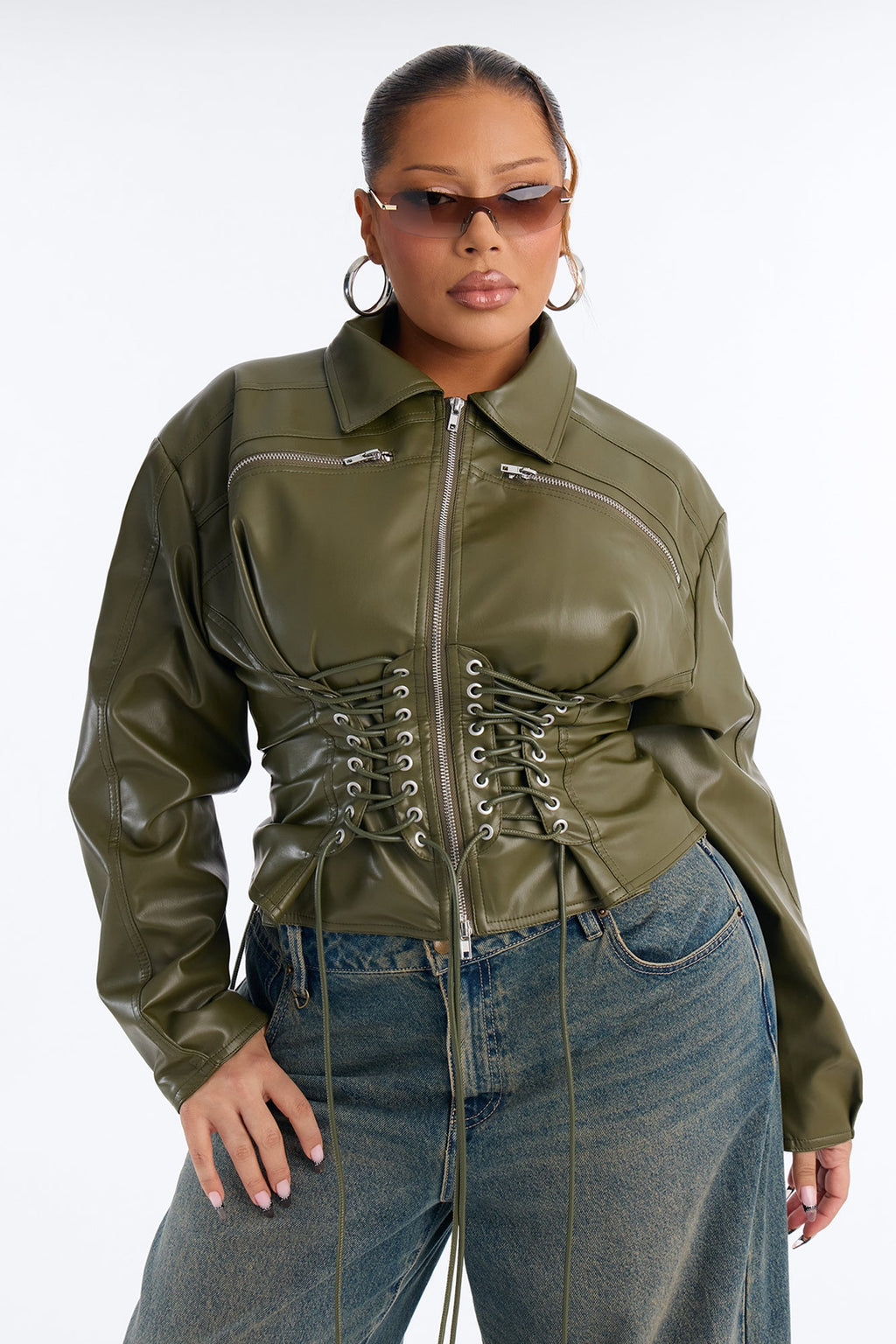 She's The Moment Corset Faux Leather Moto Jacket - Olive