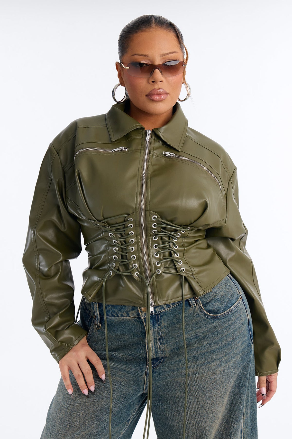 She's The Moment Corset Faux Leather Moto Jacket - Olive