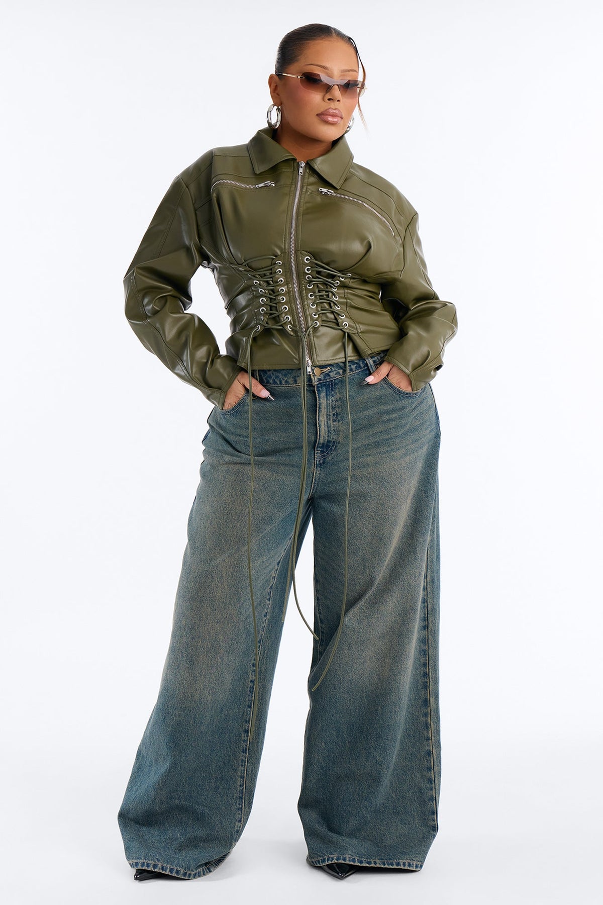 She's The Moment Corset Faux Leather Moto Jacket - Olive